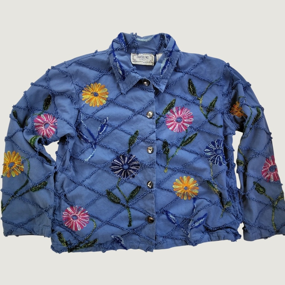 Tantrums Floral Embroidered Chenille Lattice Jacket Blue Cotton Women's Large